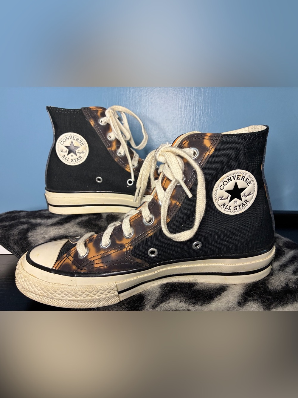 Converse Black High Top Sneakers with Brown Tortoiseshell Trim